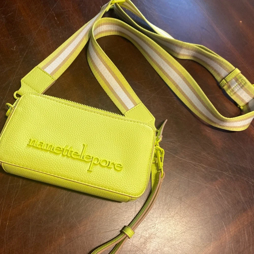Nanette Lepore Lime Green Crossbody Bag with Striped Adjustable Strap